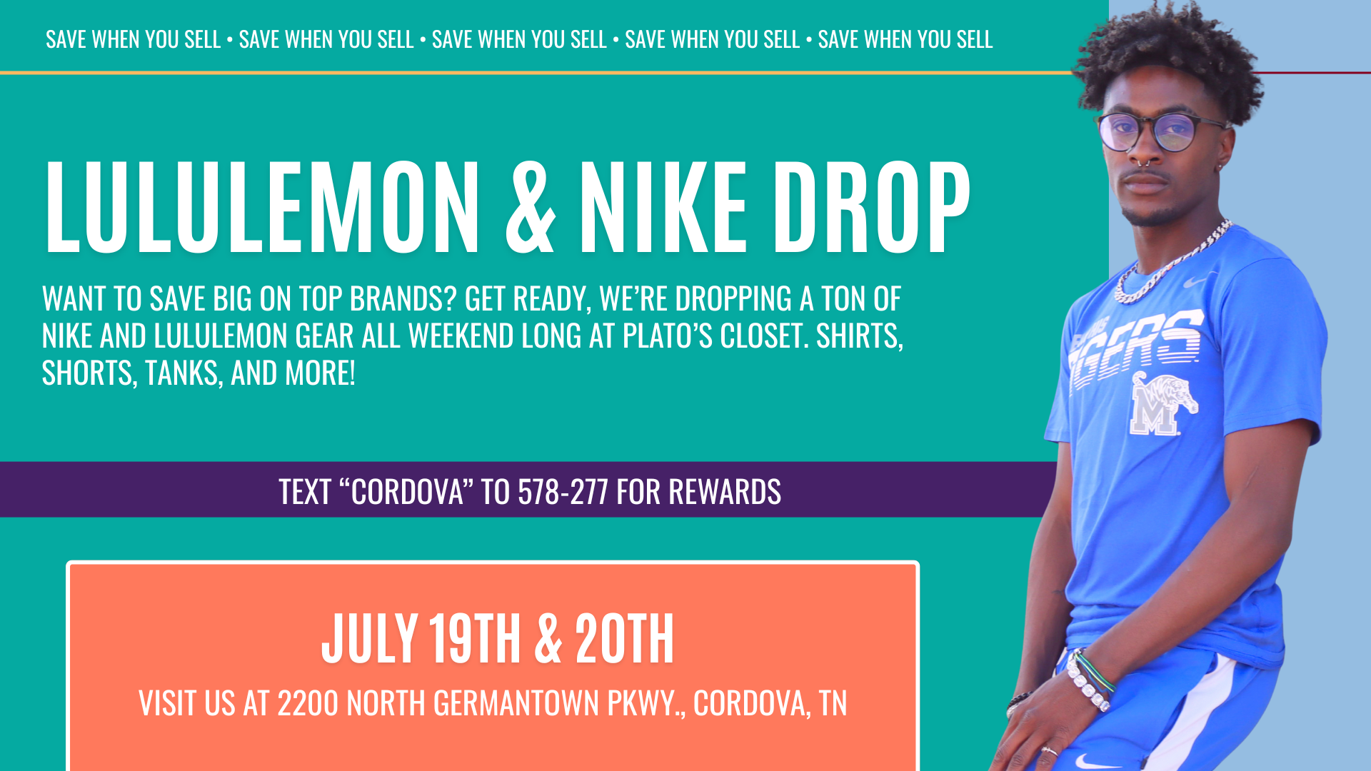 Lululemon and Nike apparel displayed at Plato’s Closet Cordova, featuring Scuba hoodies, Align leggings, Tech Fleece sets, and Nike sneakers like Air Max and Dunks, with promotional signage for the July 19–20 drop event.